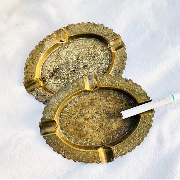 Vintage > Boho 70's Brass Etched Sister Pair Ashtrays | Catchall Dishes